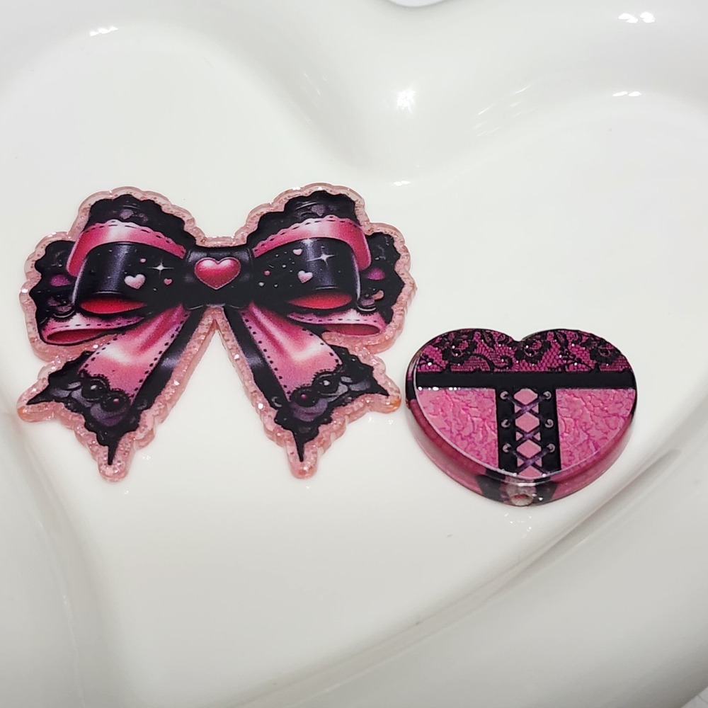 Bow Flatback Focal Bead Lace Pink Heart Badge Keychain Beaded Pen Crafts Clip